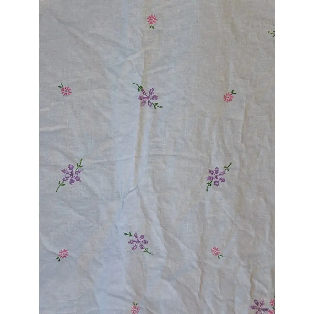 Vintage handmade white embroidered tablecloth floral cottagecore square 30X30